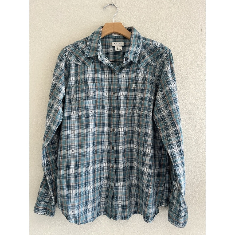 Ariat Plaid Western Button Down Shirt Women's Large Teal Blue Flannel Cowgirl